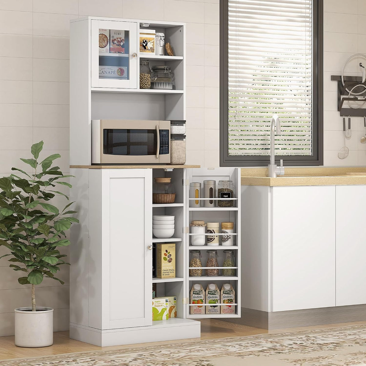 66.5" Pantry Cabinet with Microwave Stand,Freestanding Kitchen Storage Cabinet with Hutch,8 Door Shelves,Adjustable Shelves,for Dining Room,White