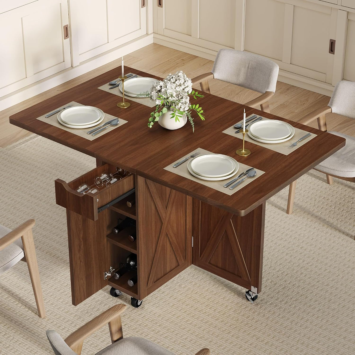 Folding Dining Table for 2-6, Designed for Small Spaces, Walnut | 52.7" Folding Dining Table with 6 Wheels, Drop Leaf Table with Drawers, Shelves and Wine Rack for Small Spaces
