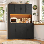 HITHOS 70" LED Kitchen Pantry Cabinet with Charging Station, 47" Wide Pantry Storage Cabinet with Large Microwave Stand, Modern Kitchen Hutch with Drawers for Dining Room, Black