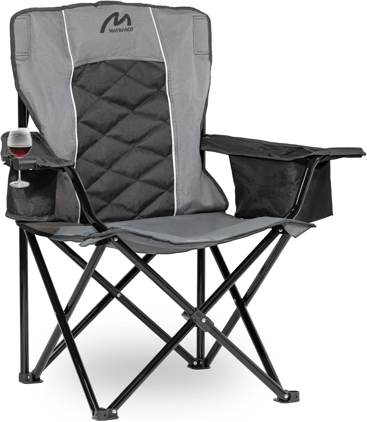 Oversized Padded Camping Chair, Heavy Duty Steel Frame, 450 lb Capacity, Folding Camp Chair with 6-Can Cooler, Carry Bag for Outdoor Camping, Beach, Hiking(Gray & Black)