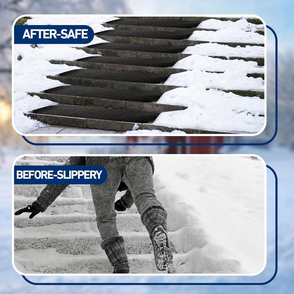 Riakrum 4 Pcs Heated Snow Melting Mats Outdoor, 10 x 48 in Winter Anti-Slip Heated Rubber Mat for Walkways Decks and Sidewalks, Snow and Ice Melting Pads Connection with 9.84 ft Power Cord