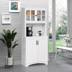 Kitchen Hutch, Pantry Cabinet with Glass Framed Door, Adjustable Shelves and Microwave Space for Dining Room, White