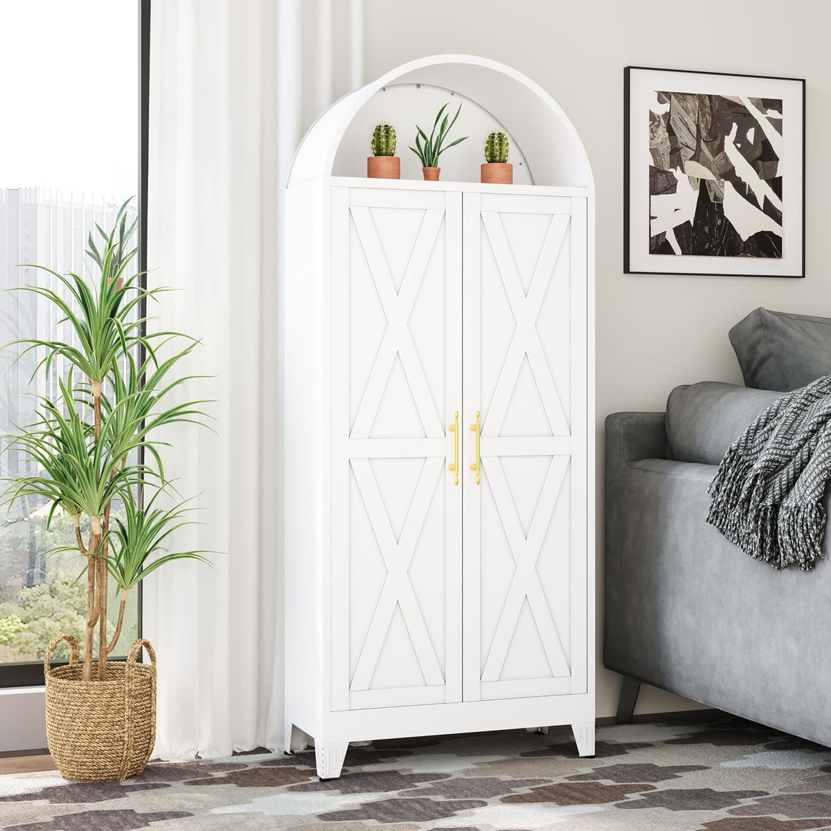 Winiowa Metal Arched Kitchen Pantry Cabinet, 73" Tall Arched Storage Cabinet with 2 Doors & 4 Shelves, Modern Farmhouse Kitchen Storage Cabinets, White