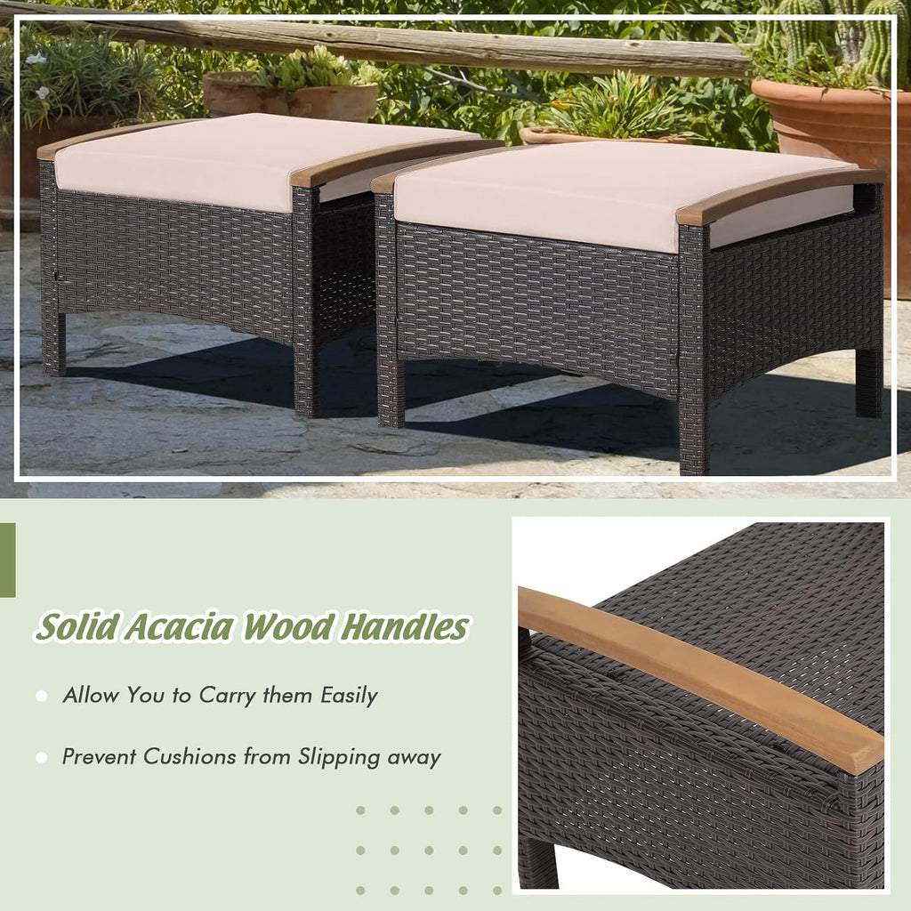 HAPPYGRILL Set of 2 Outdoor Patio Ottoman PE Rattan Wicker Ottomans with Removable Cushions and Solid Acacia Wood Handle Outdoor Footstool Footrest Set Seats and Side Table Set