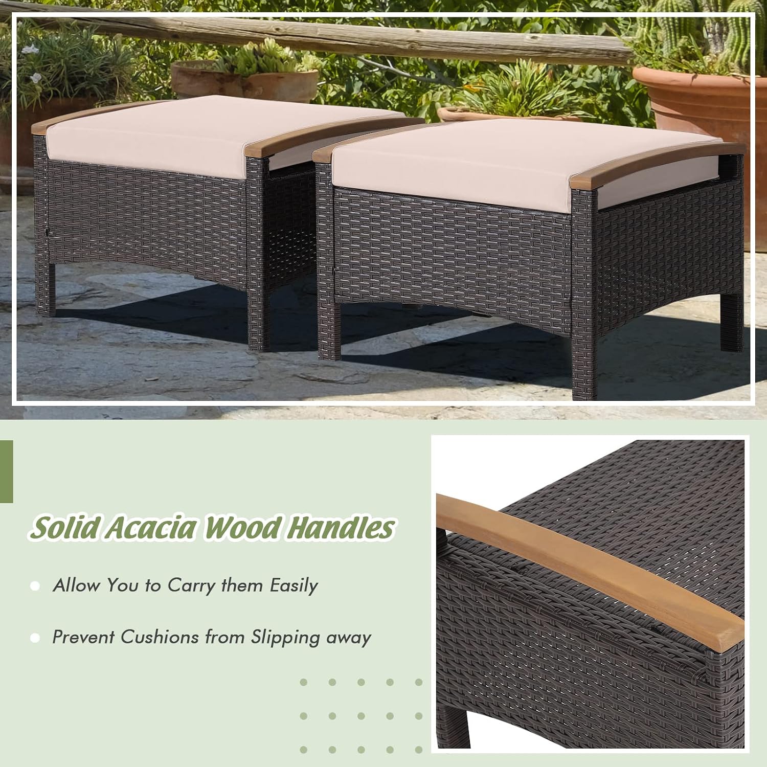 HAPPYGRILL Set of 2 Outdoor Patio Ottoman PE Rattan Wicker Ottomans with Removable Cushions and Solid Acacia Wood Handle Outdoor Footstool Footrest Set Seats and Side Table Set