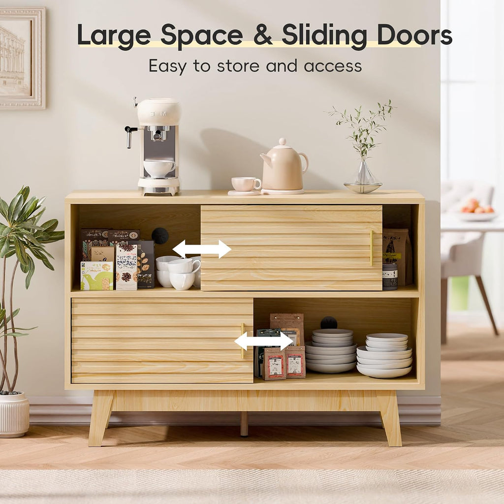 Fluted Buffet Sideboard Oak, Modern Storage Cabinet w/Cord Cutout, Accent Cabinet with Solid Wood Legs, Console Table w/Sliding Doors Open Shelves, Credenza for Living Room, Hallway, Entryway