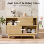Fluted Buffet Sideboard Oak, Modern Storage Cabinet w/Cord Cutout, Accent Cabinet with Solid Wood Legs, Console Table w/Sliding Doors Open Shelves, Credenza for Living Room, Hallway, Entryway
