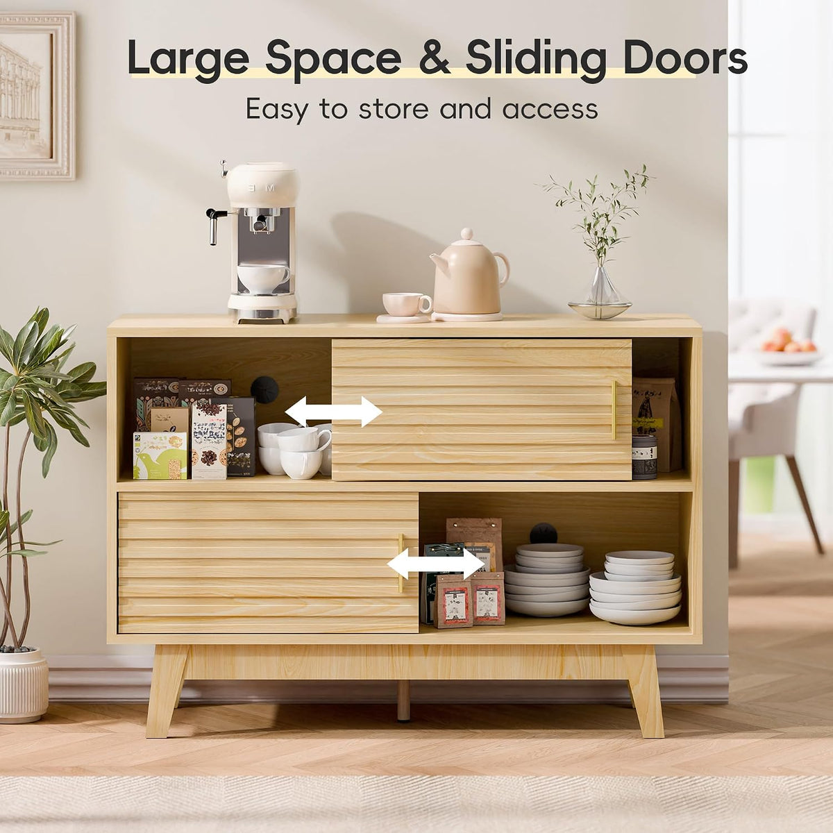 Fluted Buffet Sideboard Oak, Modern Storage Cabinet w/Cord Cutout, Accent Cabinet with Solid Wood Legs, Console Table w/Sliding Doors Open Shelves, Credenza for Living Room, Hallway, Entryway