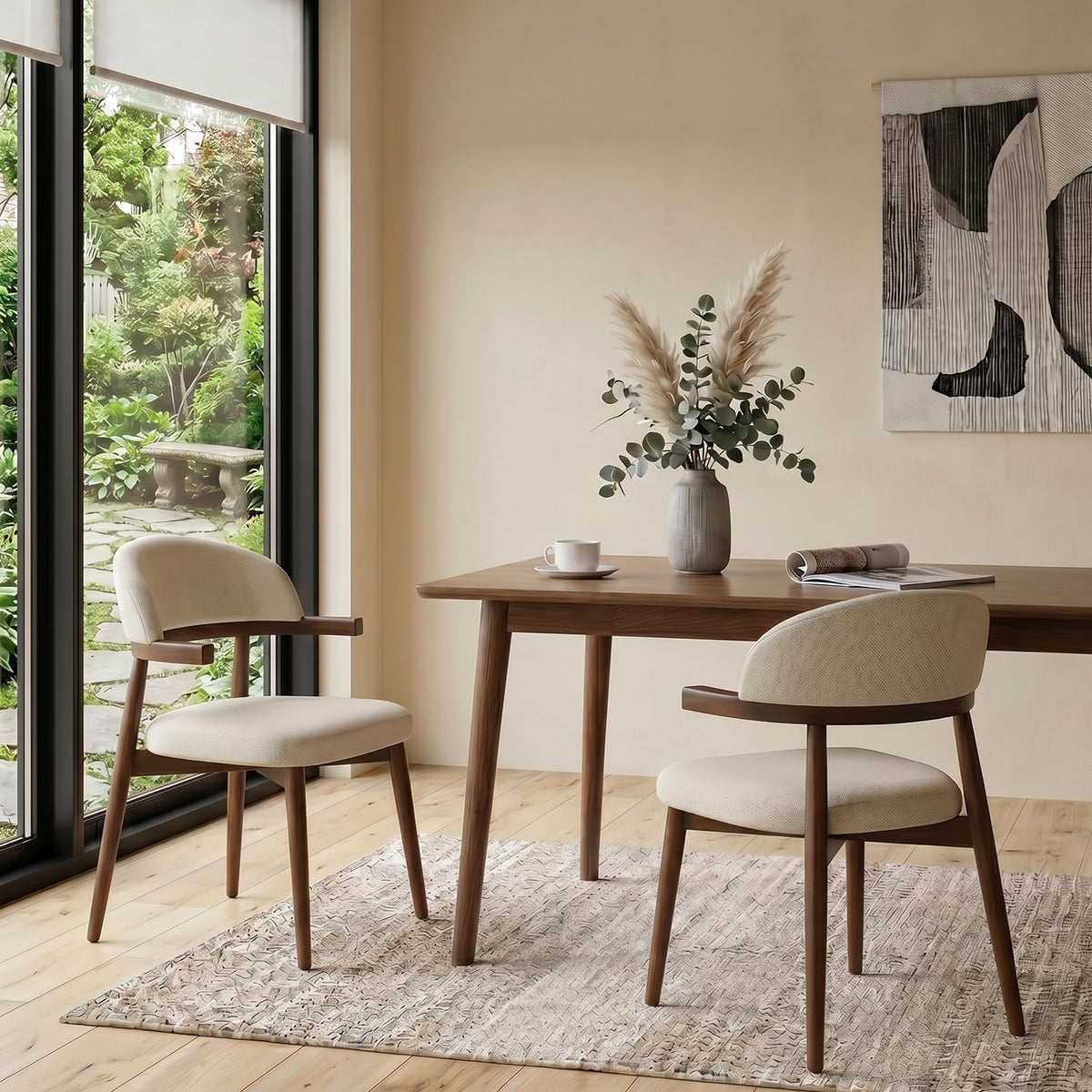 MOJAY Modern Wooden Dining Chairs Set of 2, Upholstered Kitchen Chairs with Unique Arm Design, Farmhouse Dining Room Chairs for Small Spaces & Apartments, Beige