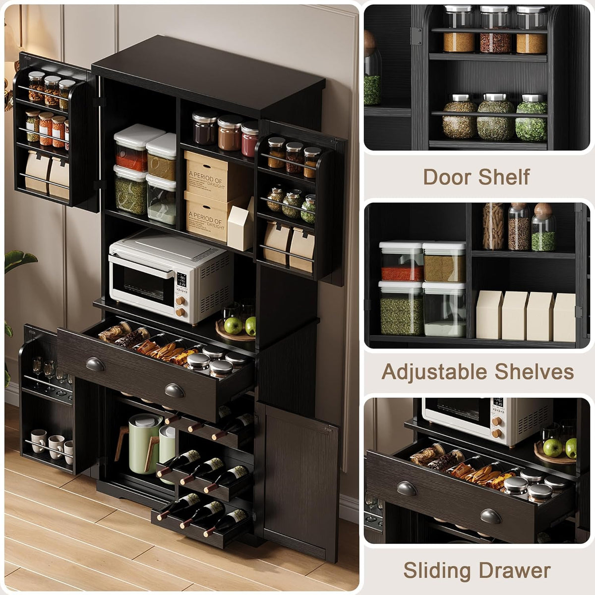 ChooChoo 72" Pantry Cabinet with Storage Drawers, Farmhouse Kitchen Hutch Bar Cabinet with Microwave Stand, Kitchen Cupboard with Door Shelves for Dining Room, Living Room, Black
