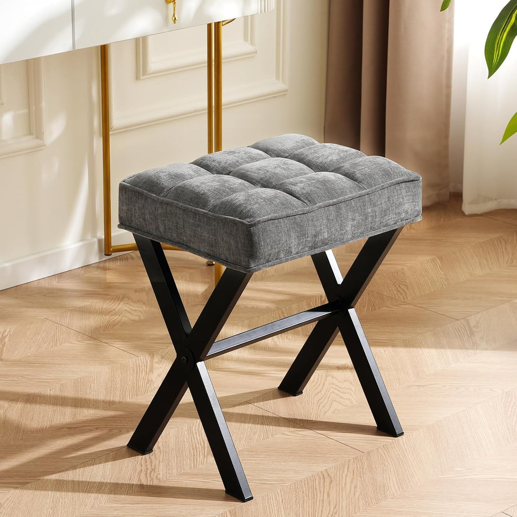 Makeup Chair, Modern Luxury Vanity Stool with Linen Plush Seat | Compact X Base Vanity Bench for College Dorm, Small Upholstered Foot Rest for Living Room(X-Gray)