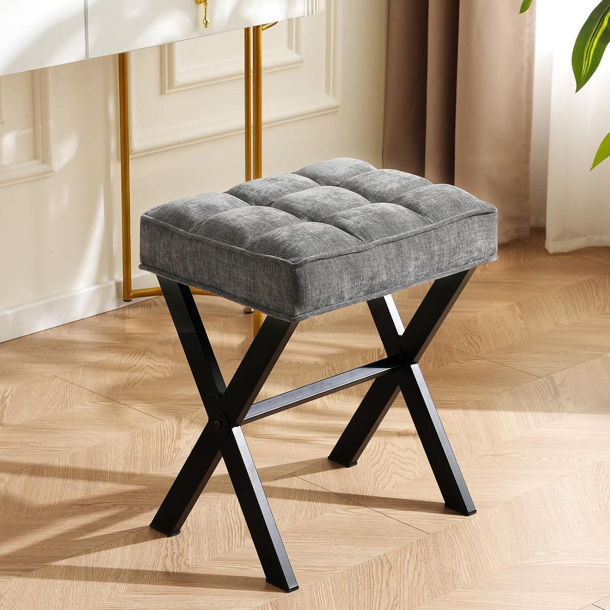 Makeup Chair, Modern Luxury Vanity Stool with Linen Plush Seat | Compact X Base Vanity Bench for College Dorm, Small Upholstered Foot Rest for Living Room(X-Gray)
