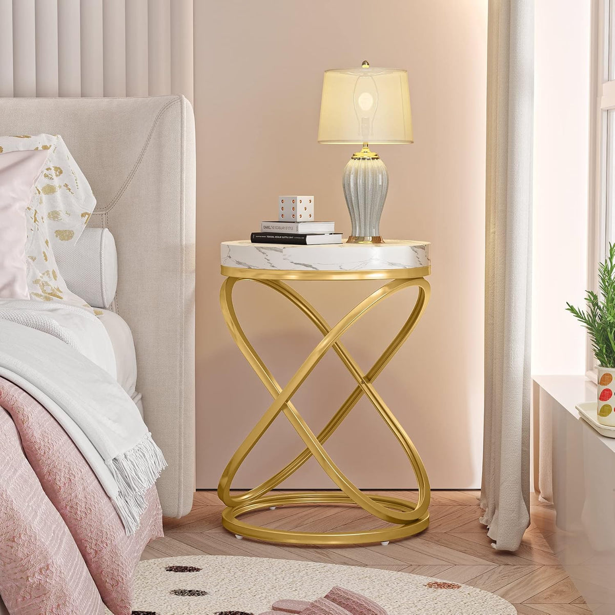 Tribesigns Round End Table with Engineered Wood Tabletop, 26 Inches Round Side Tables Living Room with Double X-Shaped Metal Ring-Cross Legs, Faux Marble Veneer Nightstands for Livingroom Bedroom (1)