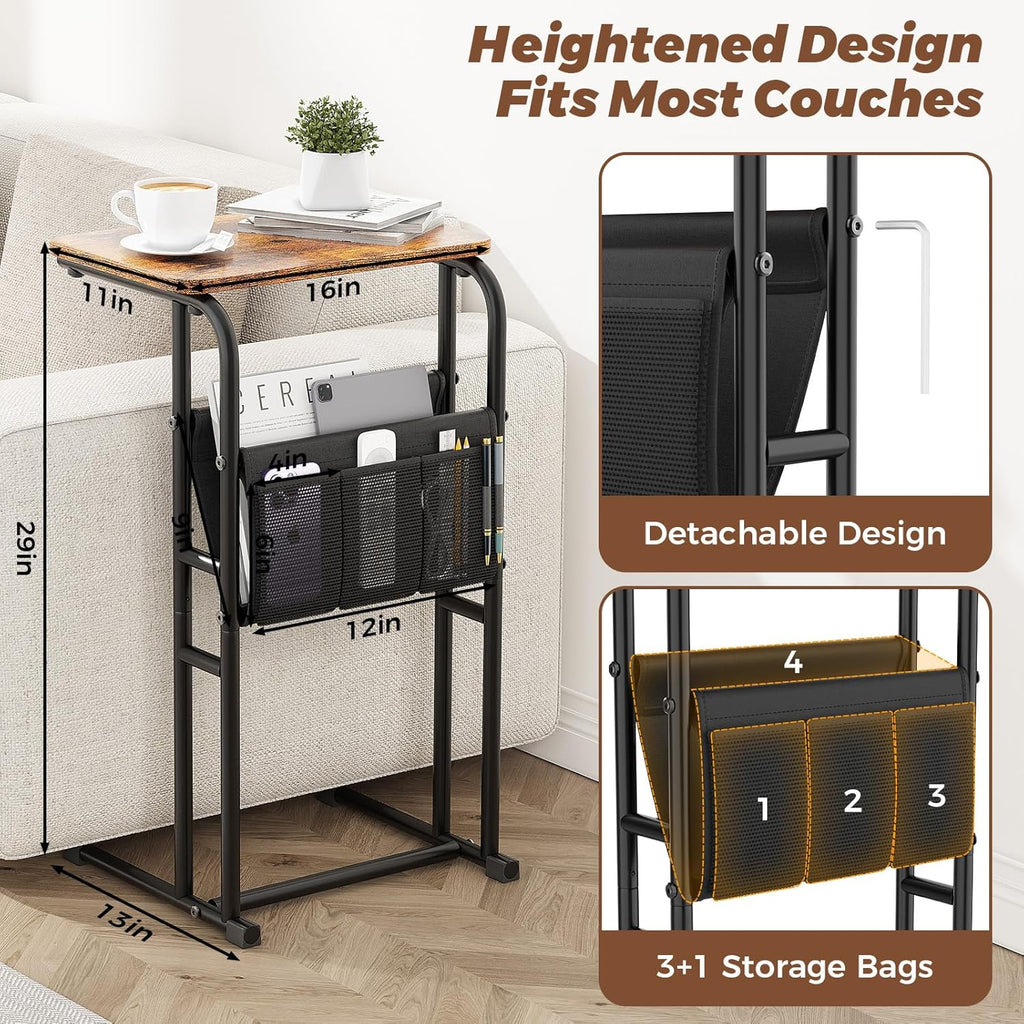 Olldide C-Shaped End Table with Storage Bag, Slide Under Couch Sofa Side Table, Metal Frame for Living Room, Bedroom, Bedside, Small Space (Rustic Brown)
