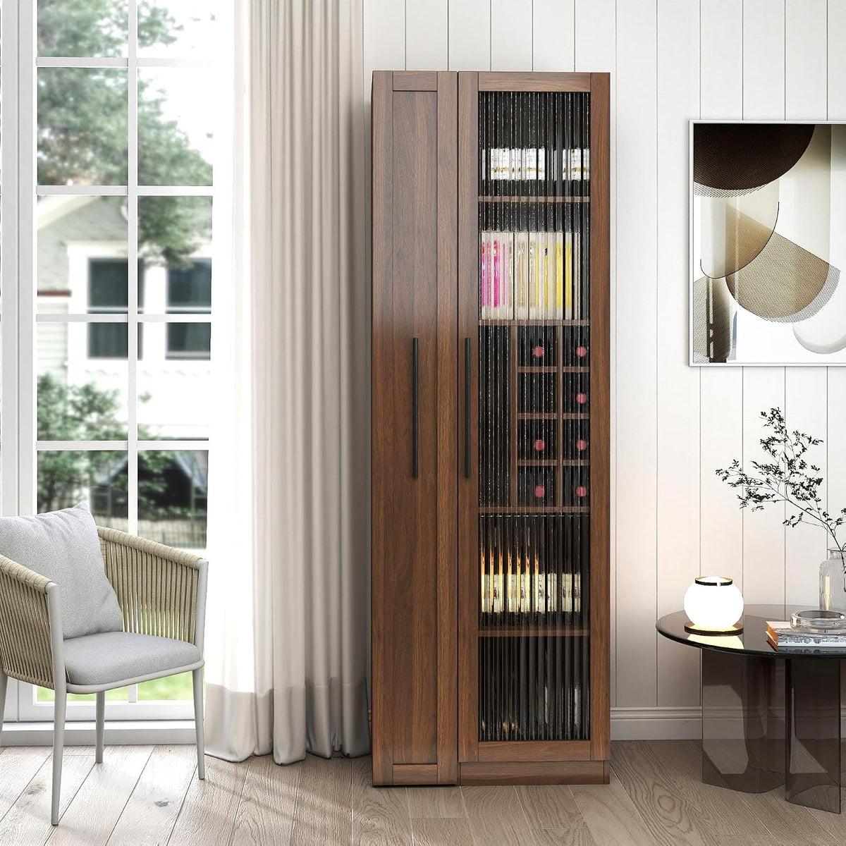 Kitchen Pantry Cabinet with Pull-Out 5-Tier Storage Shelf Space Saving Storage Organizer Cabinet with Glass Door Wine Racks Cup Holder for Kitchen, Dining Room, Bar, Walnut