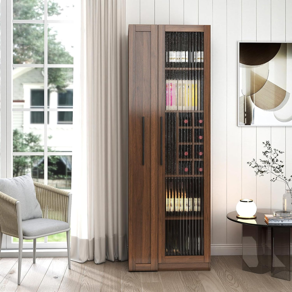 Kitchen Pantry Cabinet with 5-Tier Shelf, Pull-Out Hutch Cabinet with Glass Door & Spice Rack, Freestanding Wine Bar Cabinet with Glass Holder & 8-Bottle Wine Rack for Living Room, Dining Room, Walnut