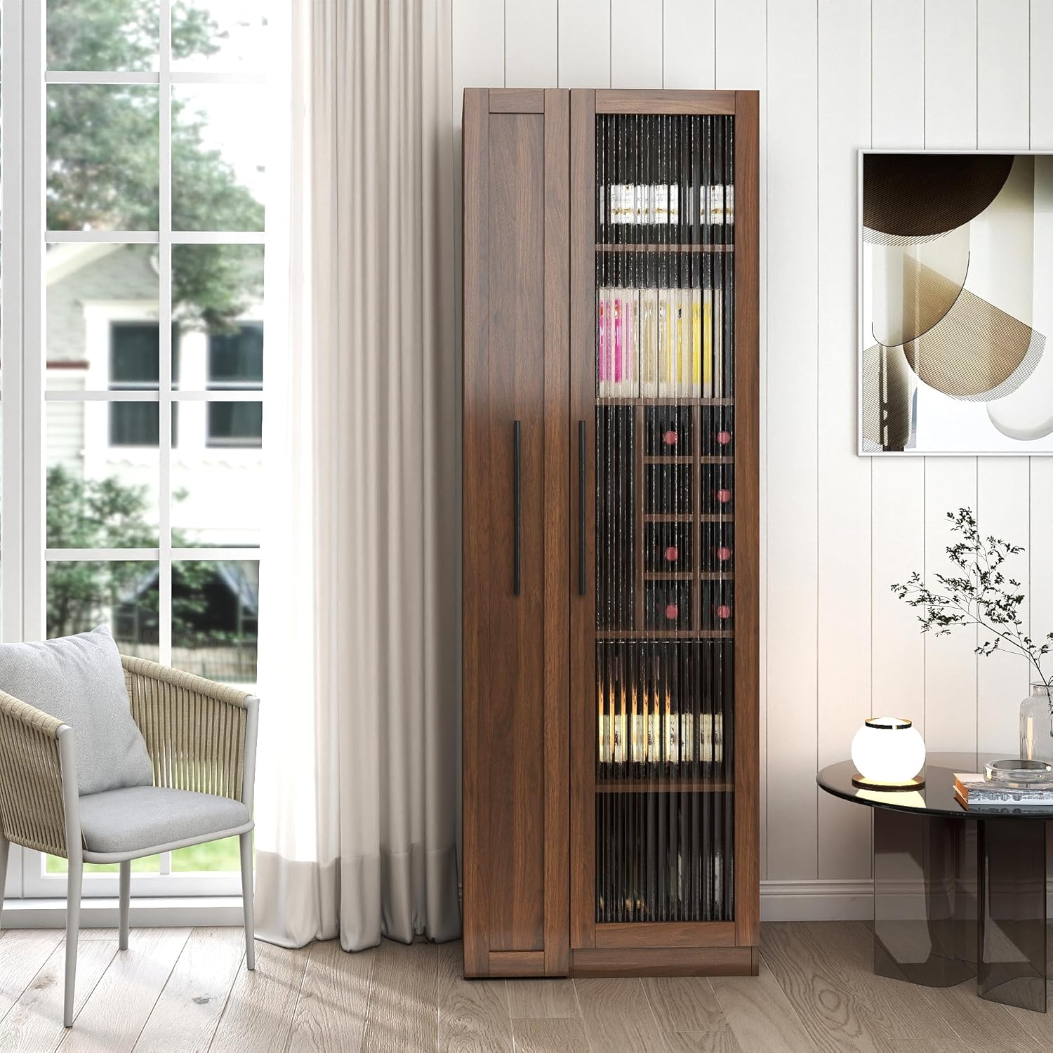Kitchen Pantry Cabinet with 5-Tier Shelf, Pull-Out Hutch Cabinet with Glass Door & Spice Rack, Freestanding Wine Bar Cabinet with Glass Holder & 8-Bottle Wine Rack for Living Room, Dining Room, Walnut