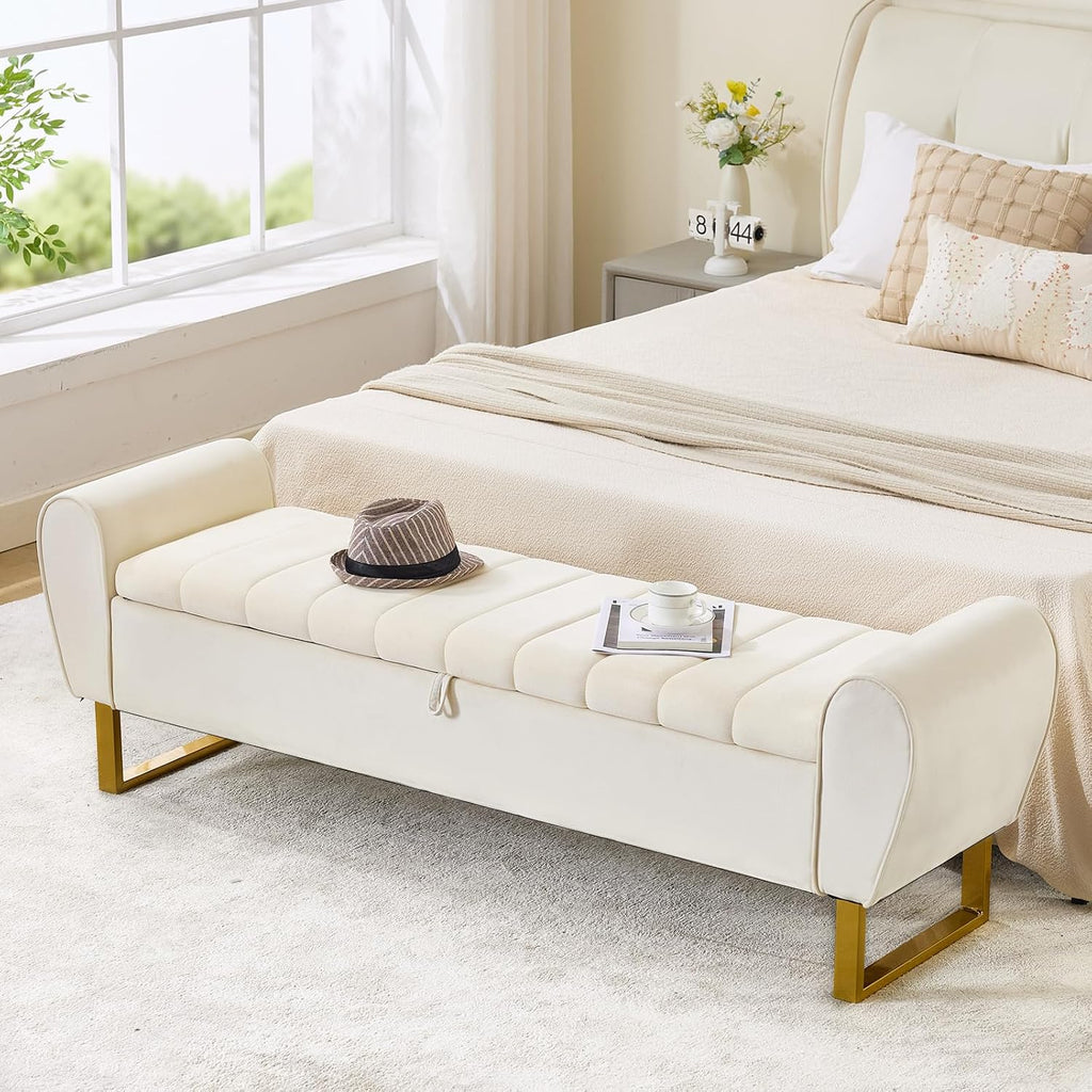 67'' King Size End of Bed Storage Bench for Bedroom, Bedroom Benches for Foot of Bed King with Gold Legs, Storage Ottoman Bench with Storage for Bedroom, Velvet Beige