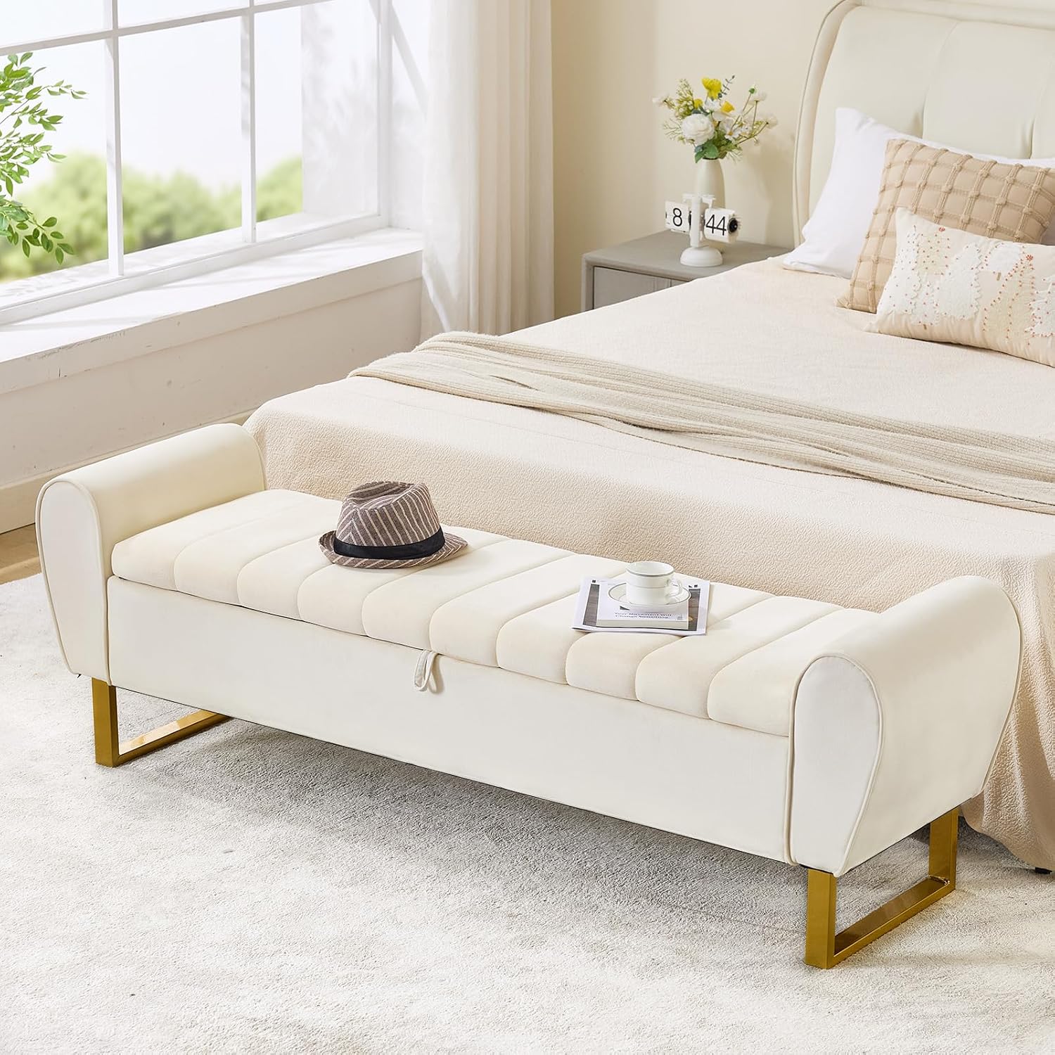 67'' King Size End of Bed Storage Bench for Bedroom, Bedroom Benches for Foot of Bed King with Gold Legs, Storage Ottoman Bench with Storage for Bedroom, Velvet Beige
