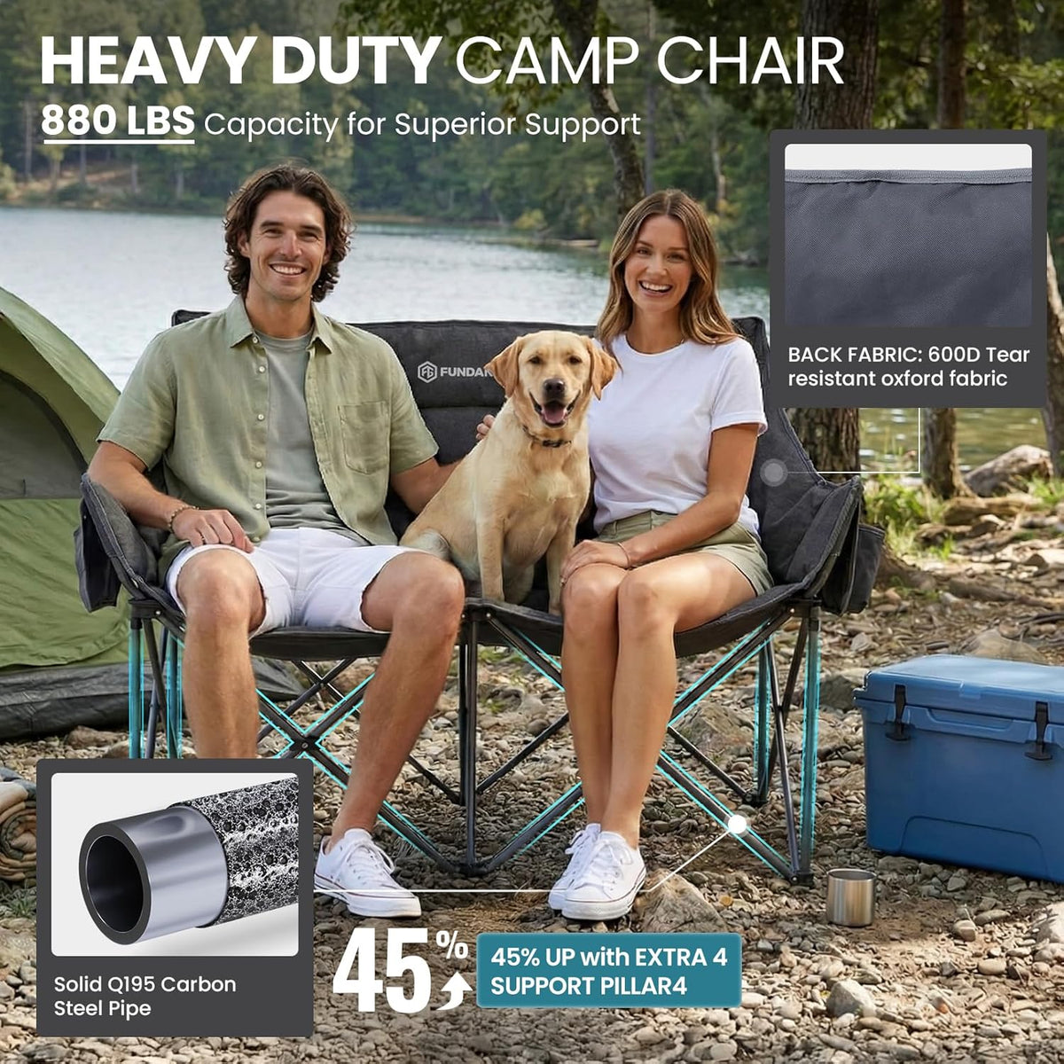 FUNDANGO Double Camping Chair, Oversized Padded Camping Loveseat for Adults, Heavy Duty Folding Camping Couch for 2 Person, Portable Outdoor Sofa with Cup Holders for Lawn, Sports, RV, Grey