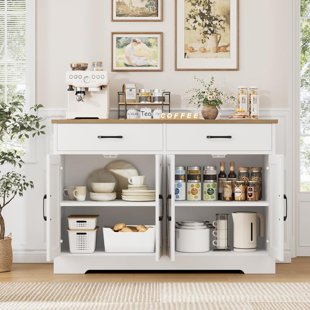HOSTACK Buffet Cabinet with Storage, 47.2" Kitchen Sideboard Buffet with Drawers, Modern Farmhouse Coffee Bar Station with Shelves, Barn Doors Storage Cabinet for Living Room, White/Rustic Brown