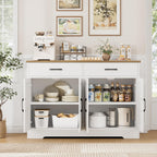 HOSTACK Buffet Cabinet with Storage, 47.2" Kitchen Sideboard Buffet with Drawers, Modern Farmhouse Coffee Bar Station with Shelves, Barn Doors Storage Cabinet for Living Room, White/Rustic Brown