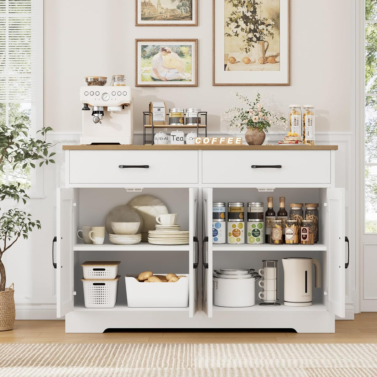 HOSTACK Buffet Cabinet with Storage, 47.2" Kitchen Sideboard Buffet with Drawers, Modern Farmhouse Coffee Bar Station with Shelves, Barn Doors Storage Cabinet for Living Room, White/Rustic Brown