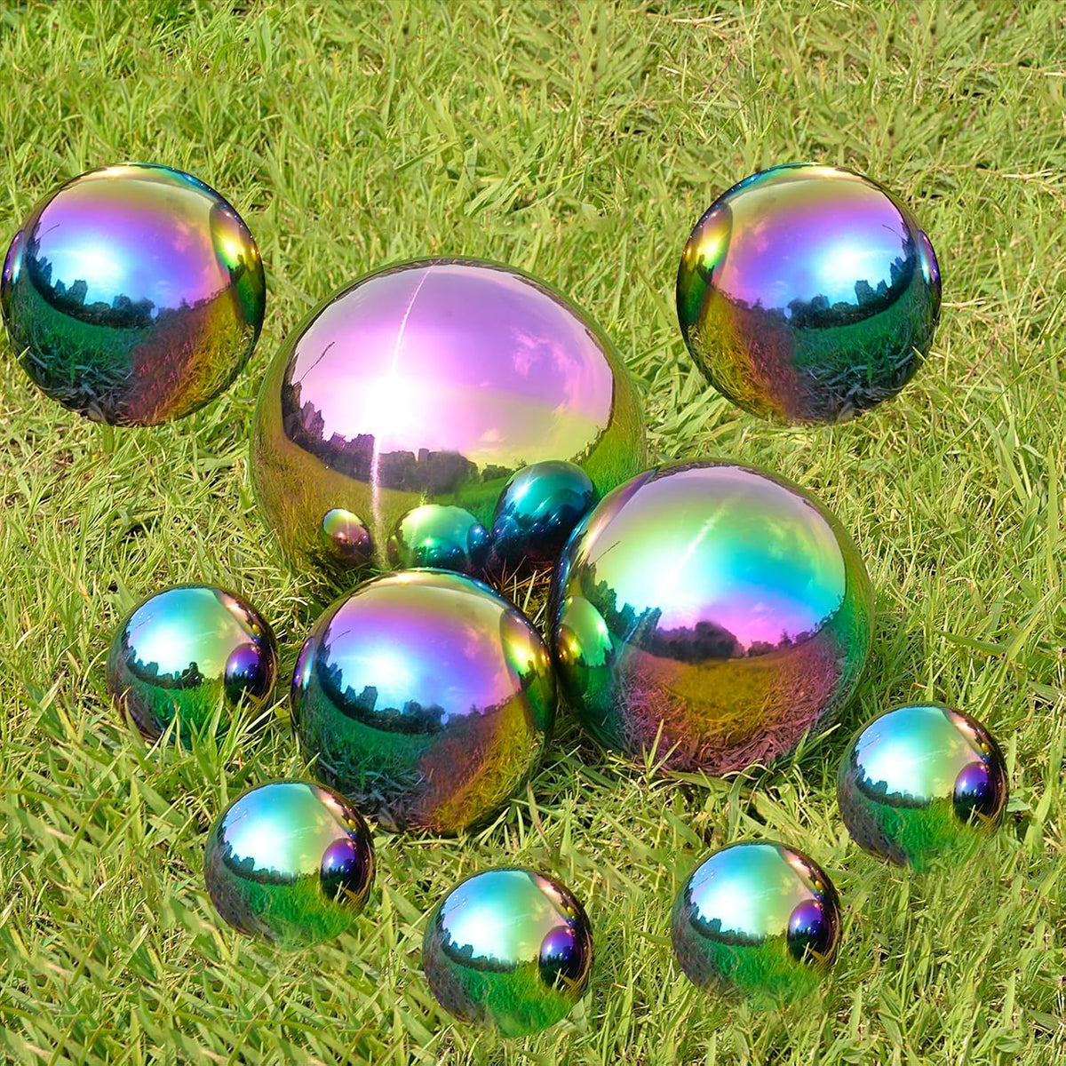 Nerien Gazing Ball, Stainless Steel Garden Mirror Globe, Polished Ornament Sphere, Hollow Floating Reflective Hemisphere, for Home Outdoor Pond Housewarming Swimming Pool Decoration, Rainbow, 10Pcs