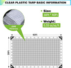 30Ft x40Ft Clear Greenhouse Plastic Covering, 16Mil Thickness Heavy Duty Clear tarp for Chicken coop, Greenhouse Plastic sheeting with Hemmed Edges & preinstalled Grommets.