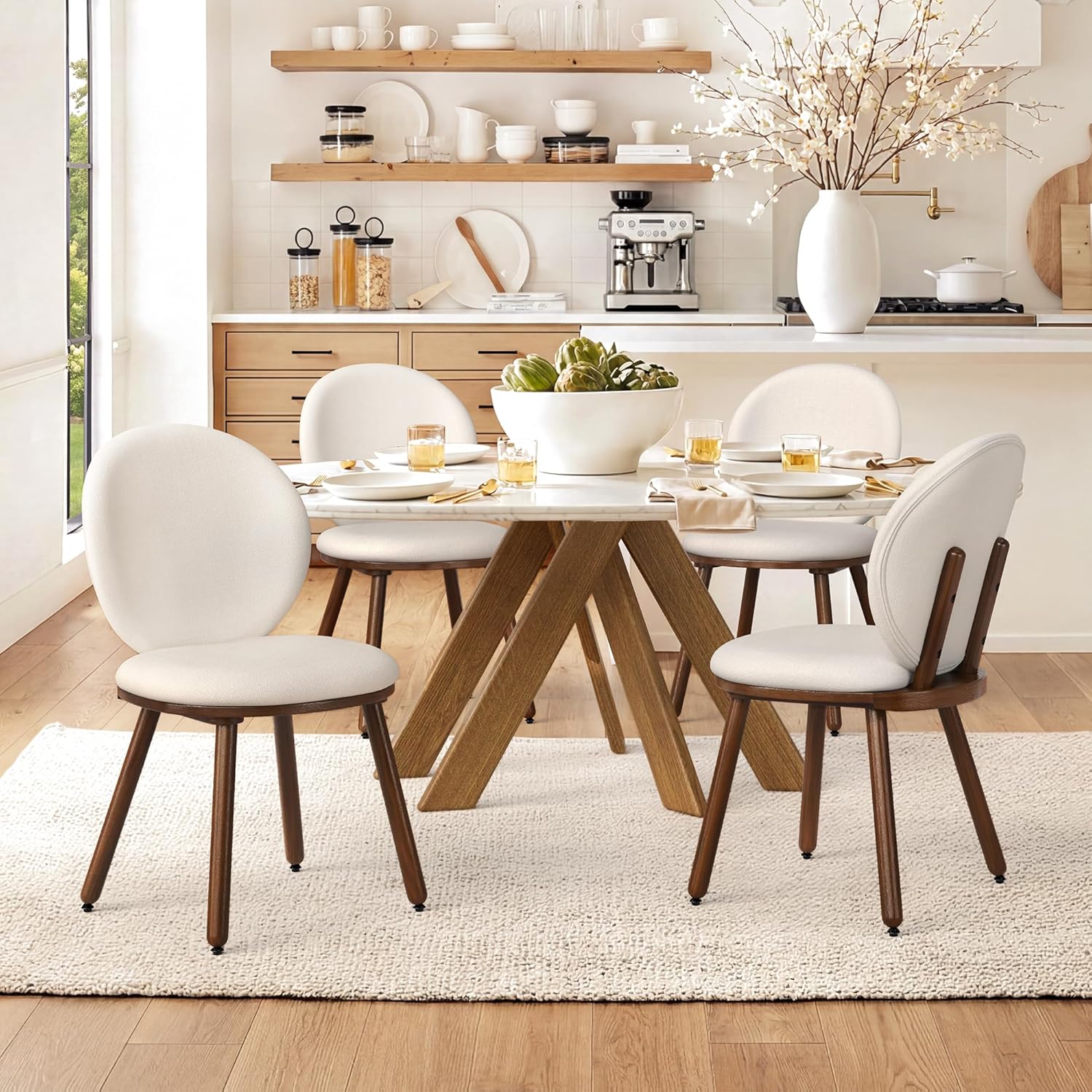 LUE BONA Dining Chairs Set of 4, Upholstered Fabric Kitchen Chairs with Dual-Spine Backrest, Kitchen Chair with Solid Wood Legs and Ergonomic Curved Seat, Easy Assembly for Kitchen Dining Room, White