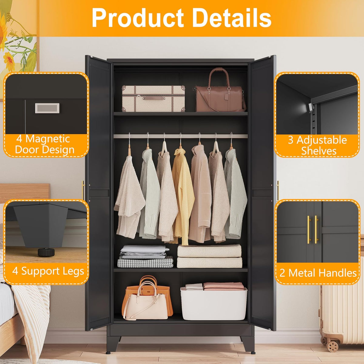 Ckzbx 71" H Metal Armoire Wardrobe Closet, Adjustable Shelve, Clothes Drying Pole, Steel Wardrobe Cabinet for Bedroom (Black)