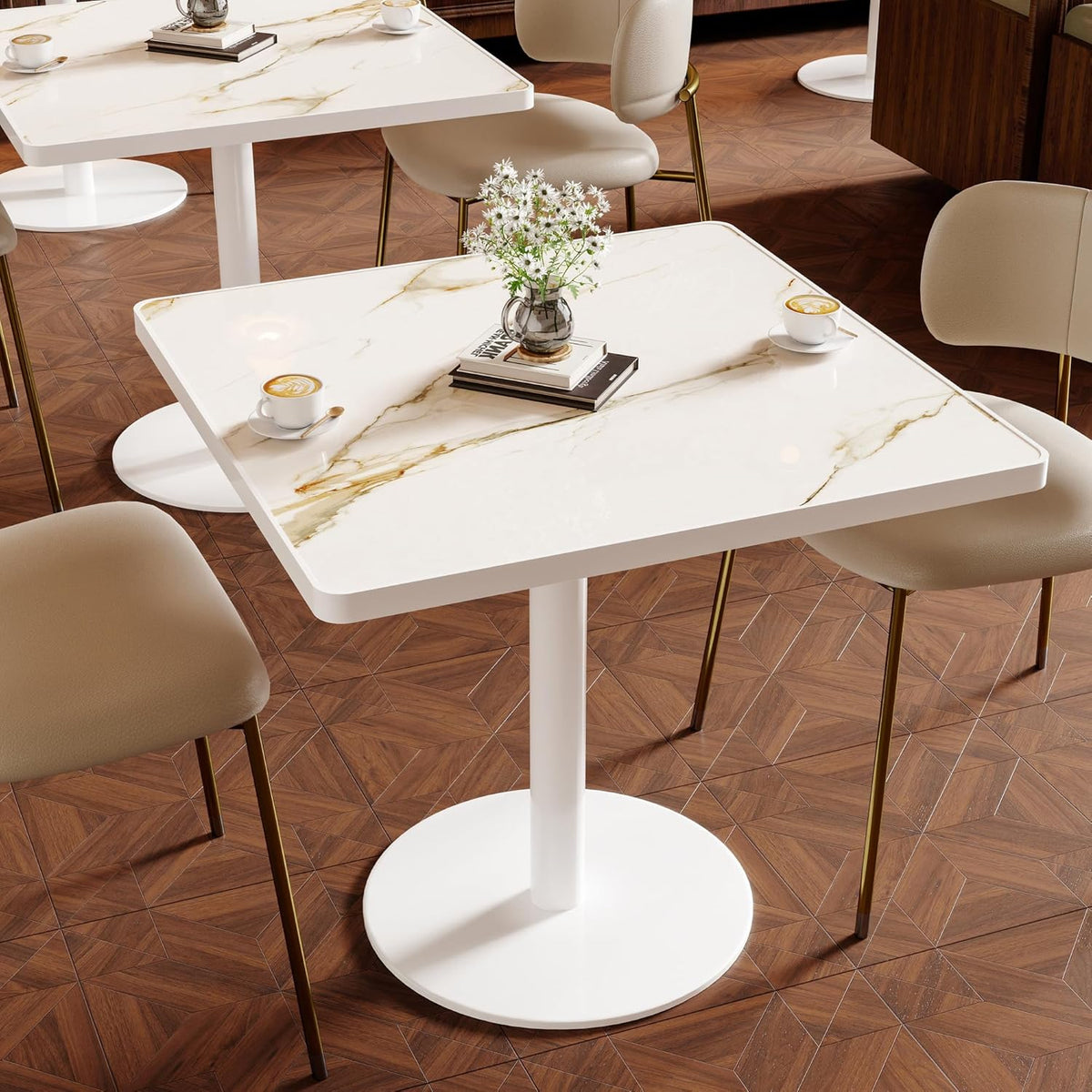 Square Dining Table,31.5'' Small Modern Square Dining Table, Sintered Stone Tulip Tables for 2–4 with Aluminum Alloy Edge&White Metal Base, Bistro Tables for Restaurants/Small Spaces/Marble White Gold