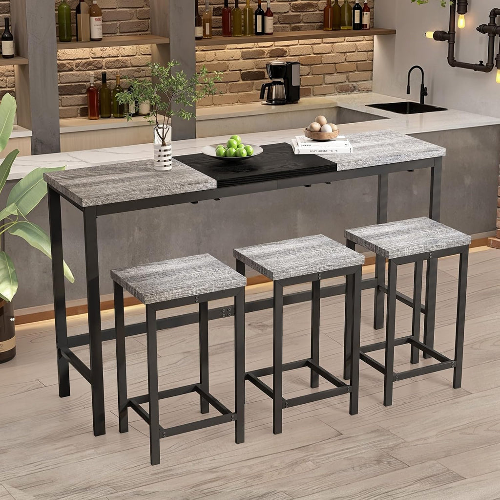 KEIKI 60.24” Long Bar High Top Dining Table and 3 Hanging Stools Chairs Set, Wood Behind Couch Sofa Counter Height Pub Furniture for Breakfast, Kitchen Living Party Room, Gery & Black