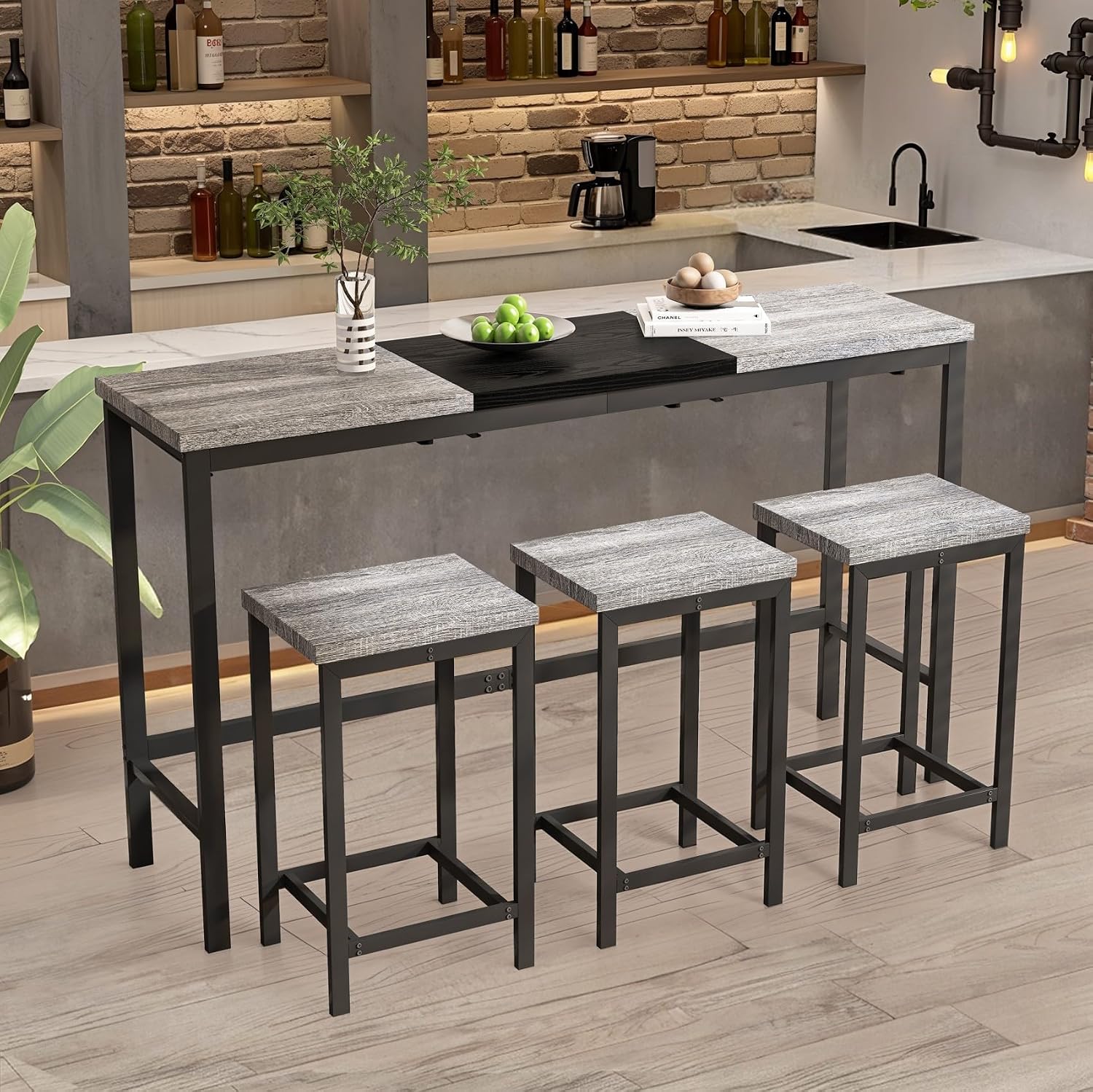 KEIKI 60.24” Long Bar High Top Dining Table and 3 Hanging Stools Chairs Set, Wood Behind Couch Sofa Counter Height Pub Furniture for Breakfast, Kitchen Living Party Room, Gery & Black