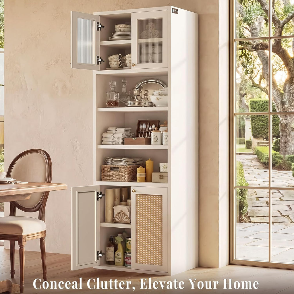 71.7" Bathroom Storage Cabinet, Rattan Tall Freestanding Kitchen Pantry with Doors, Adjustable Shelves and Anti-Tip Devices for Living Room, Dining Room, White