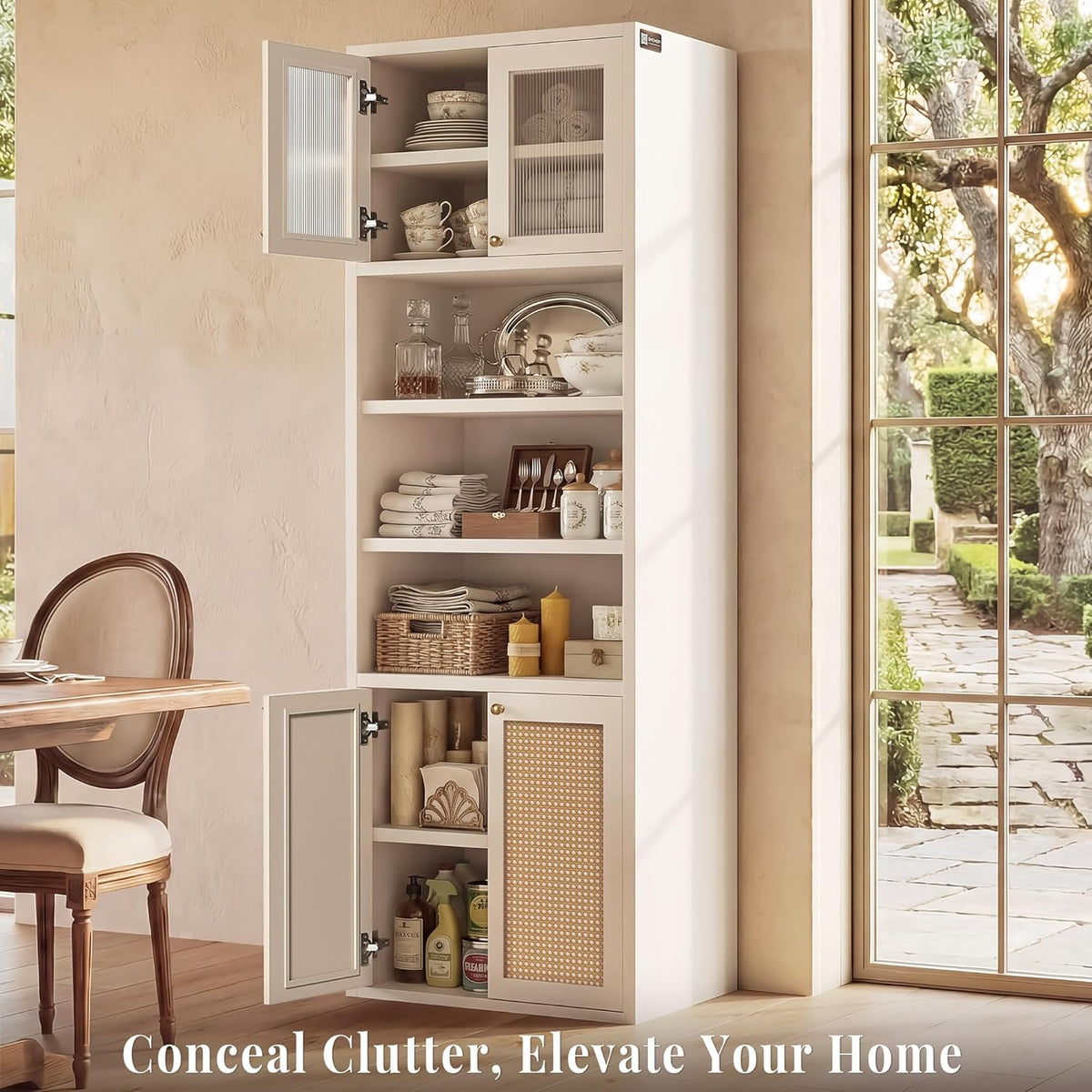 71.7" Bathroom Storage Cabinet, Rattan Tall Freestanding Kitchen Pantry with Doors, Adjustable Shelves and Anti-Tip Devices for Living Room, Dining Room, White