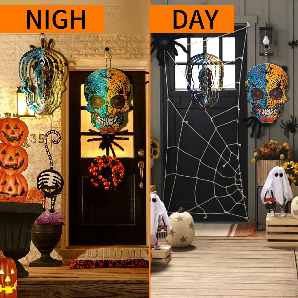 12 inch Halloween Decoration Skull Wind Spinner Clearance - 3D Metal Garden Spinner, Mandala Kinetic Art Outdoor Decor -Handcrafted Hanging Ornament for Outdoor,Patio, Yard，Garden
