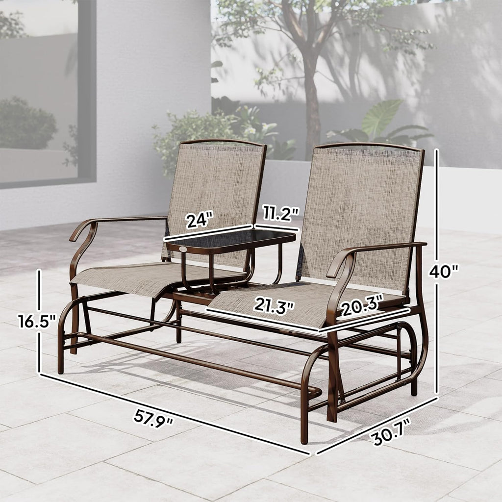 Outsunny Outdoor Glider Bench with Center Table Metal Frame Armrests Brown | Patio Loveseat, Breathable Mesh Fabric, for Backyard Garden Porch