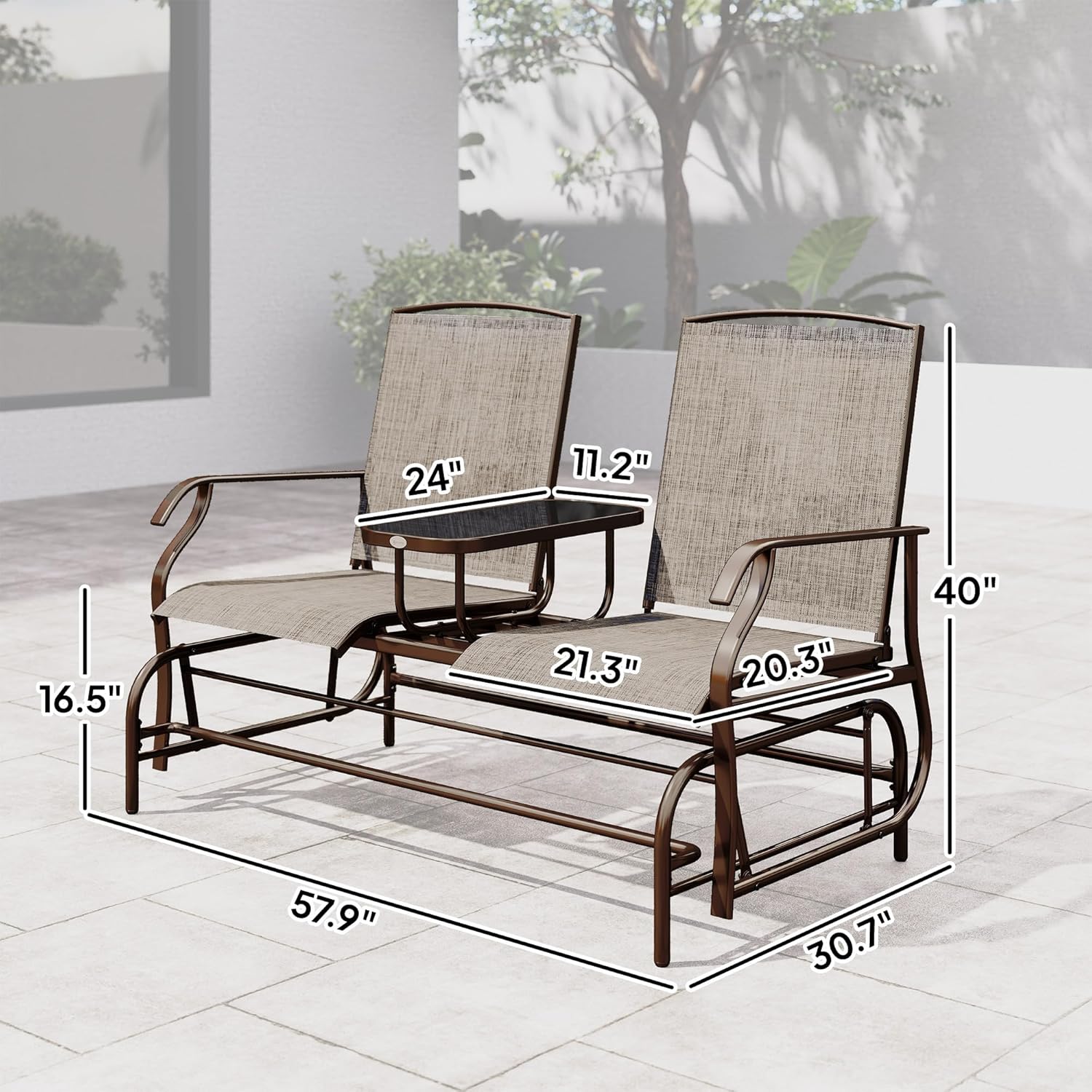 Outsunny Outdoor Glider Bench with Center Table Metal Frame Armrests Brown | Patio Loveseat, Breathable Mesh Fabric, for Backyard Garden Porch
