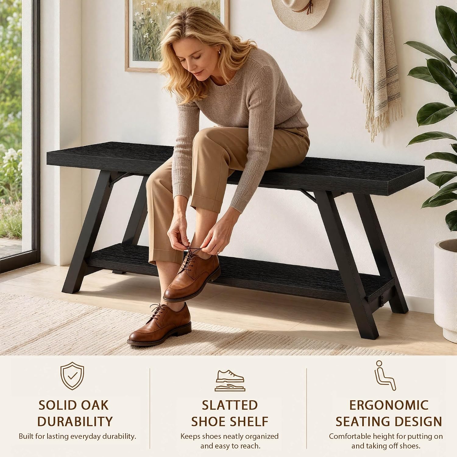 LVB Black Entryway Bench with Storage, Wood Bench for Entryway, 47 in