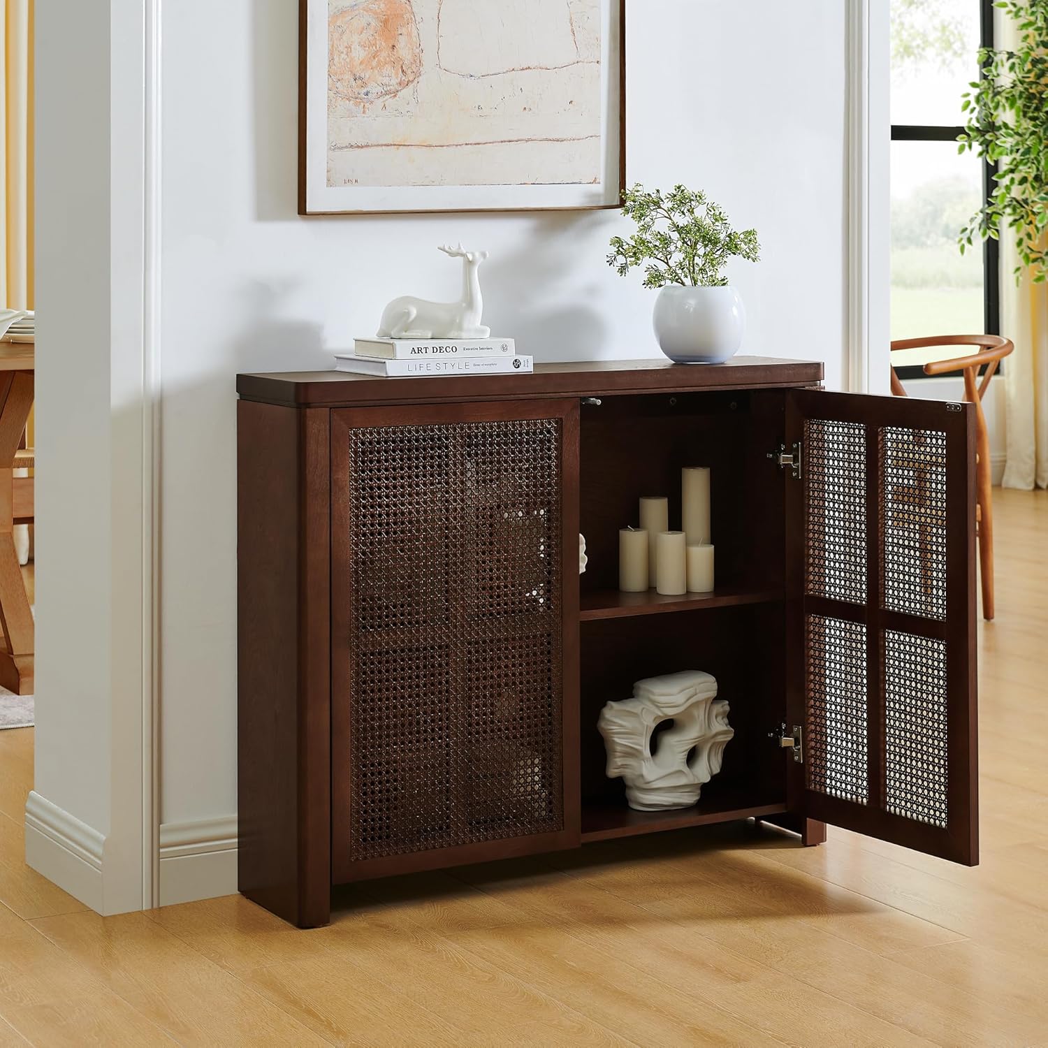 LKTART Small Sideboard Buffet Cabinet,Narrow Kitchen Storage Cabinet with 2 Rattan Doors,Mid Century Modern Thin Console Table for Living Room,Entryway(39.4" Walnut)