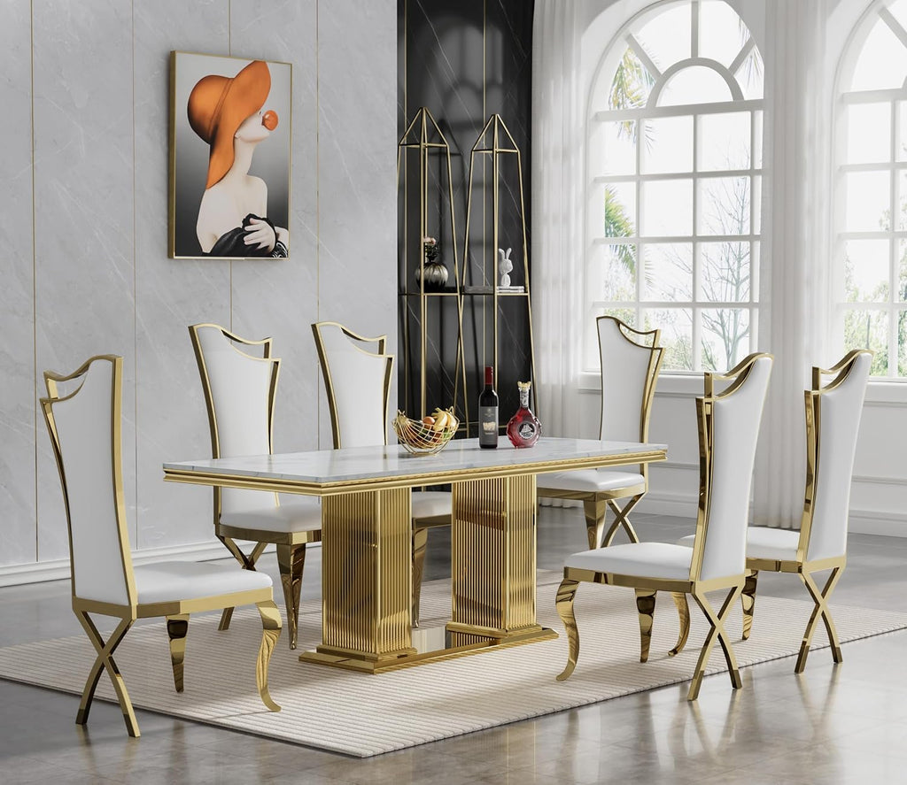 68 in Faux Marble Dining Table for 4-6, White Marble Dining Table with Gold Stainless Steel Base, Luxury Rectangular Dining Room Table for Kitchen, Living Room, Apartment, Family Meals, Dinner Parties