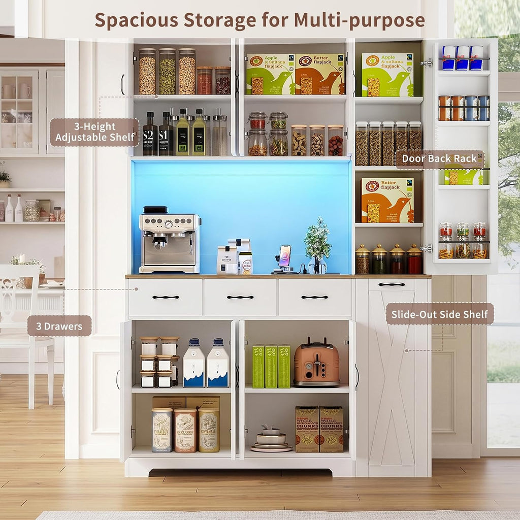 70.9" Tall Farmhouse Pantry Cabinet with Pull-Out Storage Cart & LED Lights, Modern Kitchen Storage Hutch with Charging Station, 9 Doors 3 Drawers Adjustable Shelves for Dining Living Room, White