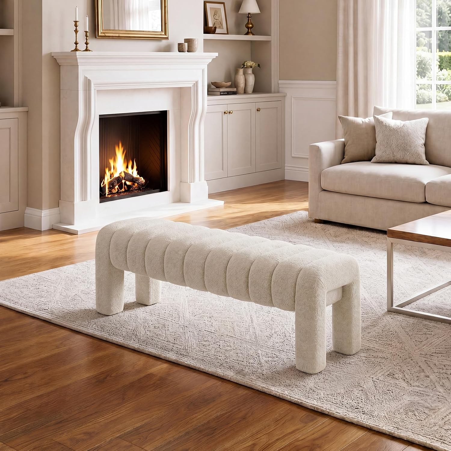 43’’ Bedroom Bench, Upholstered End of Bed Bench with Solid Wood Legs, Modern Small Dining Bench with Full Covered Fabrics for Entryway, Bedroom, Living Room (Beige, Linen)