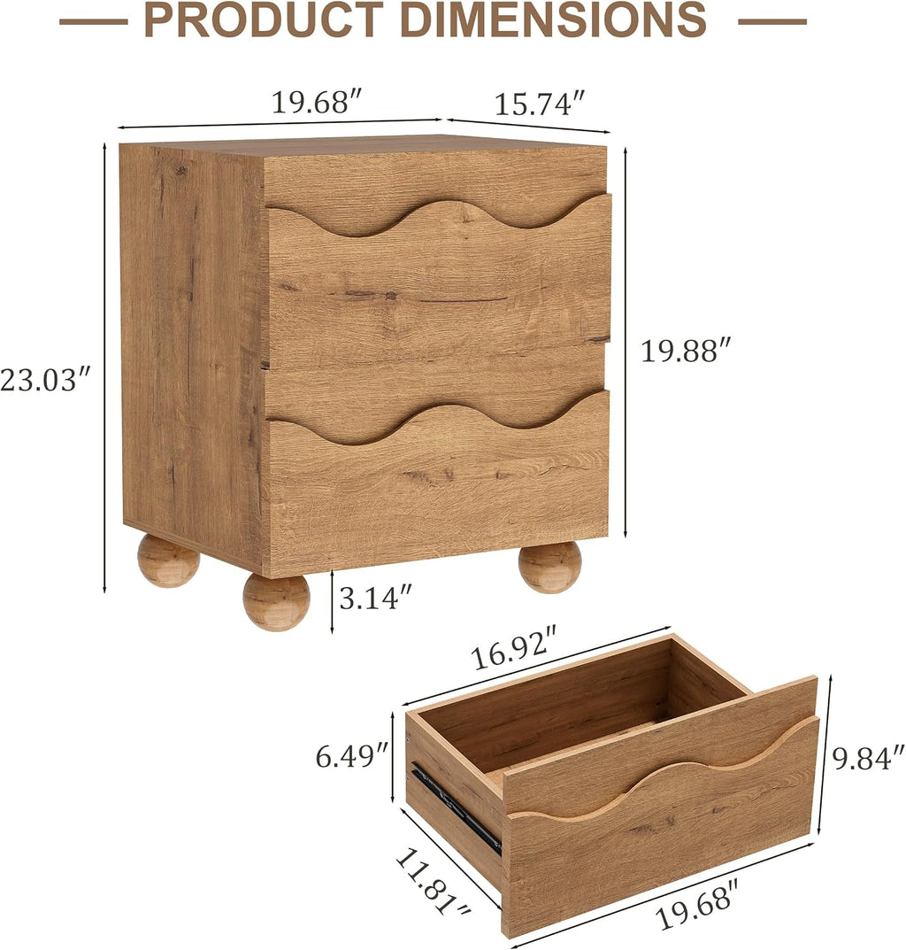 Scalloped Nightstand Set of Two for Bedroom with 2 Drawers, Modern Night Stand Set of 2 with Hidden Handle, Wooden End Table, Fluted Wood Bedside Table for Living Room, Natural Oak