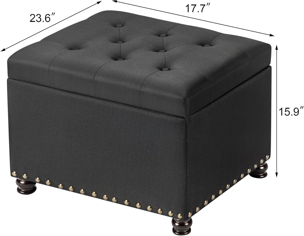 24" Storage Ottoman, Fabric Ottoman Foot Rest Stool with Hinged Lid, Tufted Rectangle Upholstered Footstool, Load Up to 350 lb, for Living Room, Bedroom, Dorm, Black