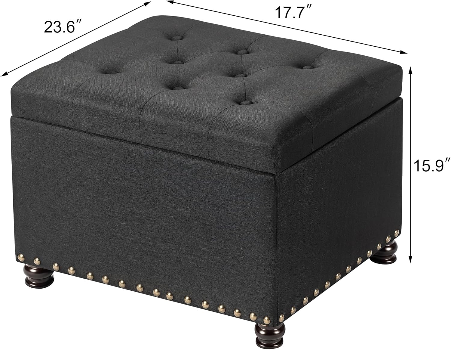 24" Storage Ottoman, Fabric Ottoman Foot Rest Stool with Hinged Lid, Tufted Rectangle Upholstered Footstool, Load Up to 350 lb, for Living Room, Bedroom, Dorm, Black