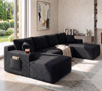 134 Inch Modular Sectional Sofa, Cloud Couch for Living Room | Modern Corduroy Couch with Side Pockets & Cup Holders, Oversized 4-Seater Deep Seat Sofa, No Assembly Required, Black