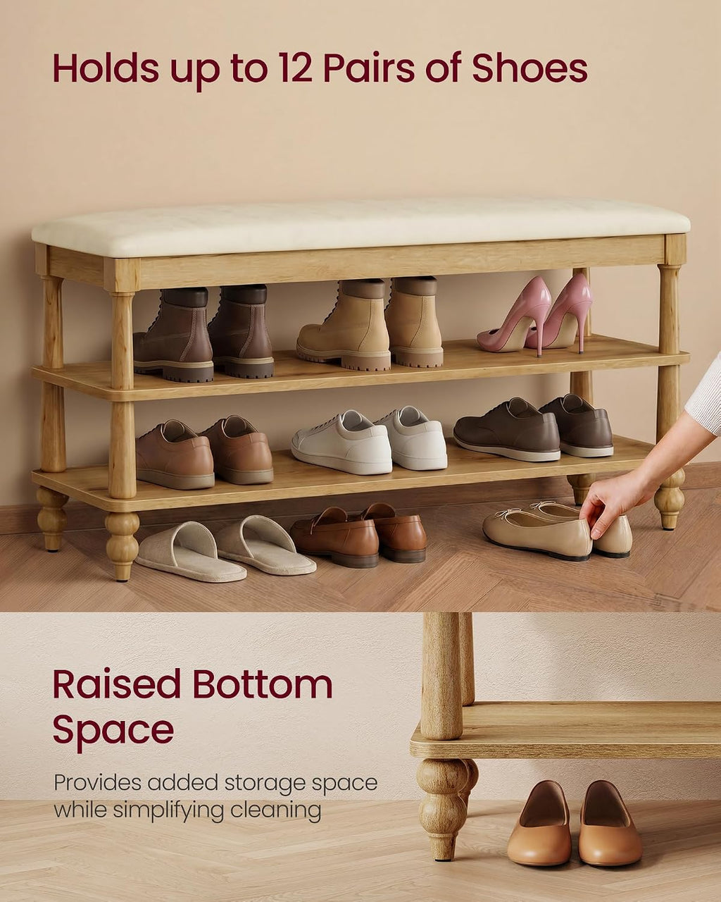 VASAGLE Mariel Collection - Shoe Bench, Wooden Entryway Bench with Padded Seat, 2-Tier Shoe Storage Rack, 39.4 x 11.6 x 19.7 inches, for Entryway and Bedroom, Natural Brown ULSB200K101S