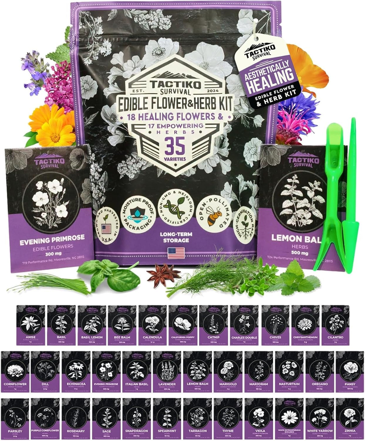 35 Tactiko Edible Flower & Herb Seeds Kit Variety - USA Grown Heirloom Non-GMO Open-Pollinated Seeds for Planting - Indoor Outdoor Gardening - Survival Long-Term Storage - Resealable Mylar Bag